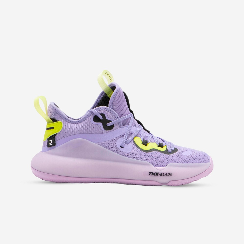 purple and yellow basketball shoes